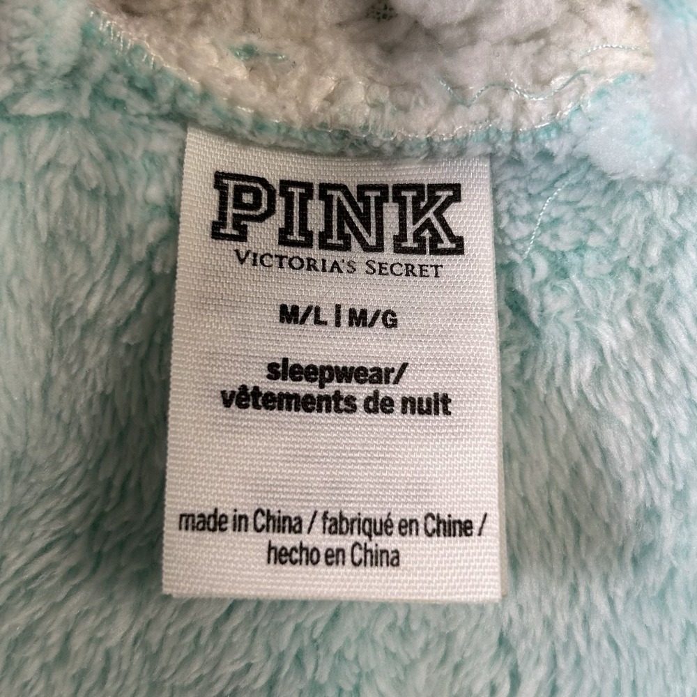 Victorias Secret PINK Plush Fleece Robe ML Mint Green Sherpa Hood Fluffy Belted - Picture 4 of 14